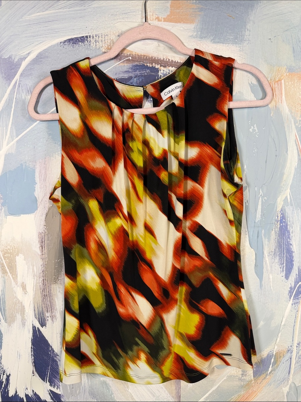 Calvin Klein Abstract Print Blouse Sleeveless Pleated Neck Top S Orange Green
